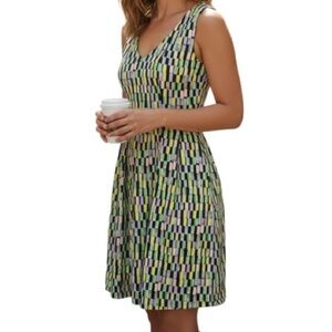 CALVIN KLEIN Pastel Geometric Print Fit and Flare Dress V Neck Sleeveless 4